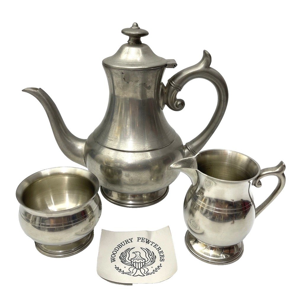 Vintage 1980s Woodbury Pewterers Pewter Coffee Tea‎ Set Pot Sugar Bowl Creamer